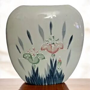 Contemporary Elliptical Vase Hand Paint Floral & Leaf Underglaze White Porcelain